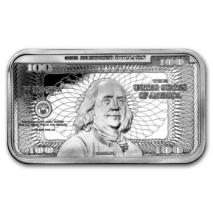 Benjamin Franklin $100 Replica Silver 1 oz (ounce) Bar