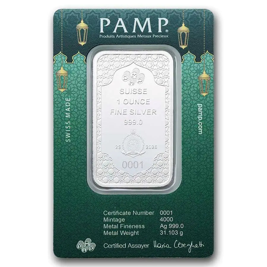 PAMP Suisse Eid Mubarak Silver 1 oz (ounce) Bar PAMP Suisse