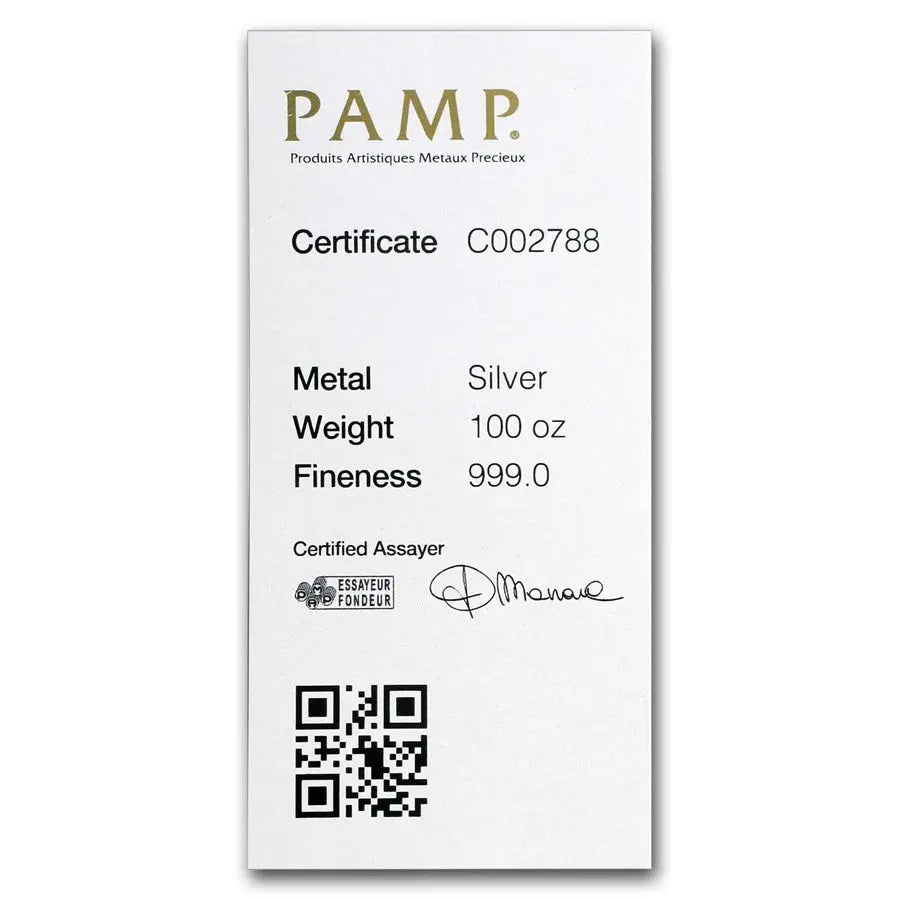 PAMP Suisse Silver 100 oz (ounce) Bar PAMP Suisse
