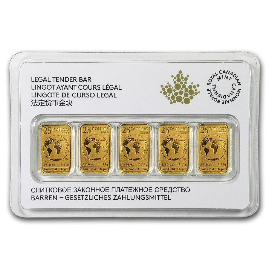 Canada World Atlas Gold 5 x 1/10 oz Bar Set The Royal Canadian Mint