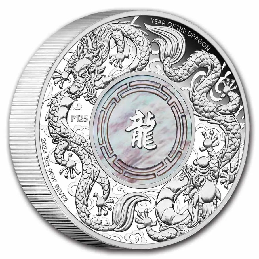 Australia Double Dragon with Mother of Pearl Silver 2 oz (ounce) coin The Perth Mint