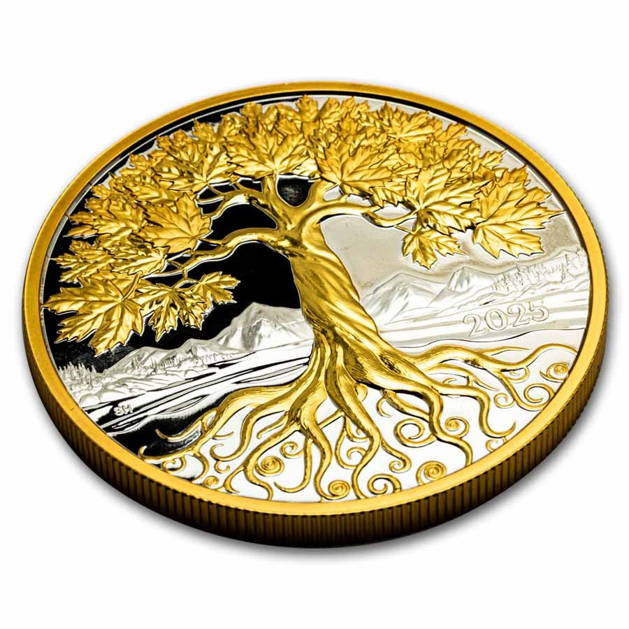 Canada Maple Tree of Life Yellow Gold Plated Silver 5 oz (ounce) coin