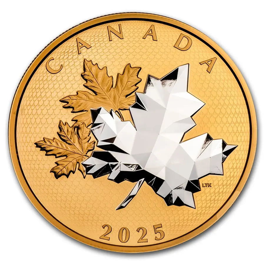 Canada Maple Leaves in Motion Yellow Gold Plated Silver 5 oz (ounce) coin The Royal Canadian Mint