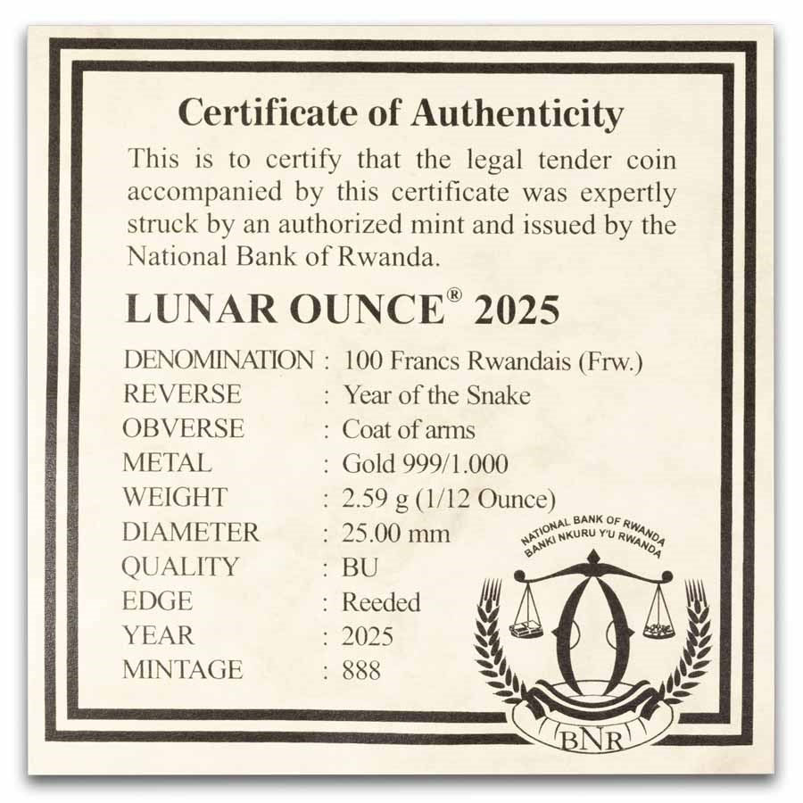 Rwanda Lunar Snake Gold 1/12 oz (ounce)