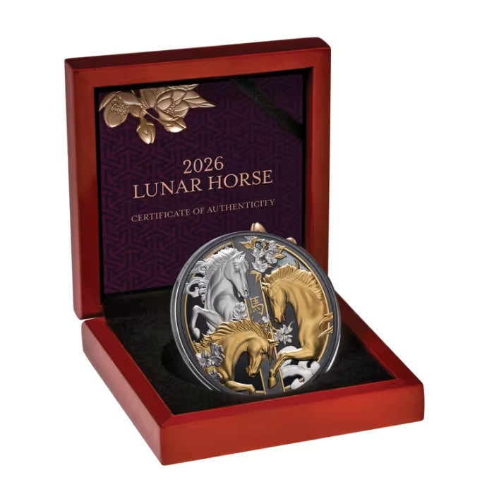 Niue Lunar Horse Gold Plated Black Proof Silver 5 oz (ounce) coin