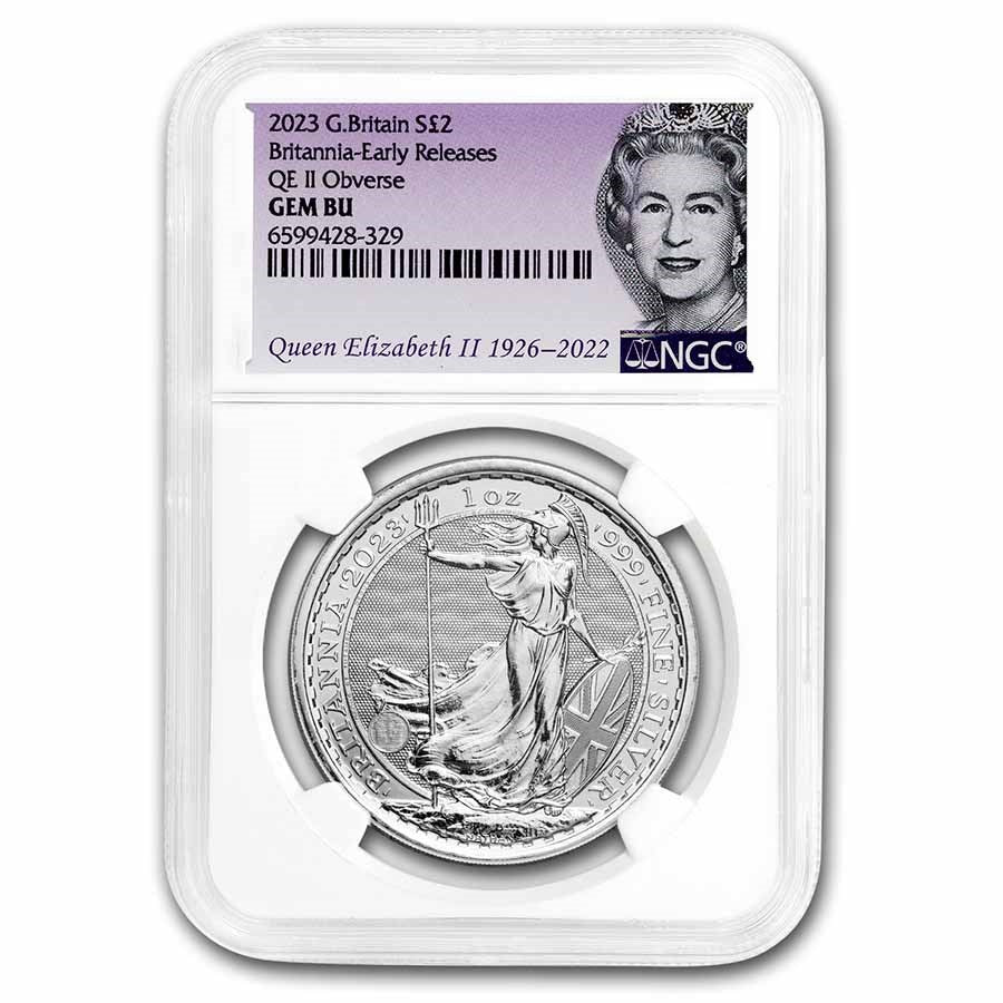 Great Britain Britannia Queen Elizabeth Memorial Silver 1 oz (ounce) NGC