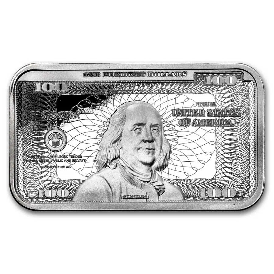 Benjamin Franklin $100 Replica Silver 1 oz (ounce) Bar ABConcept Gold Store AE