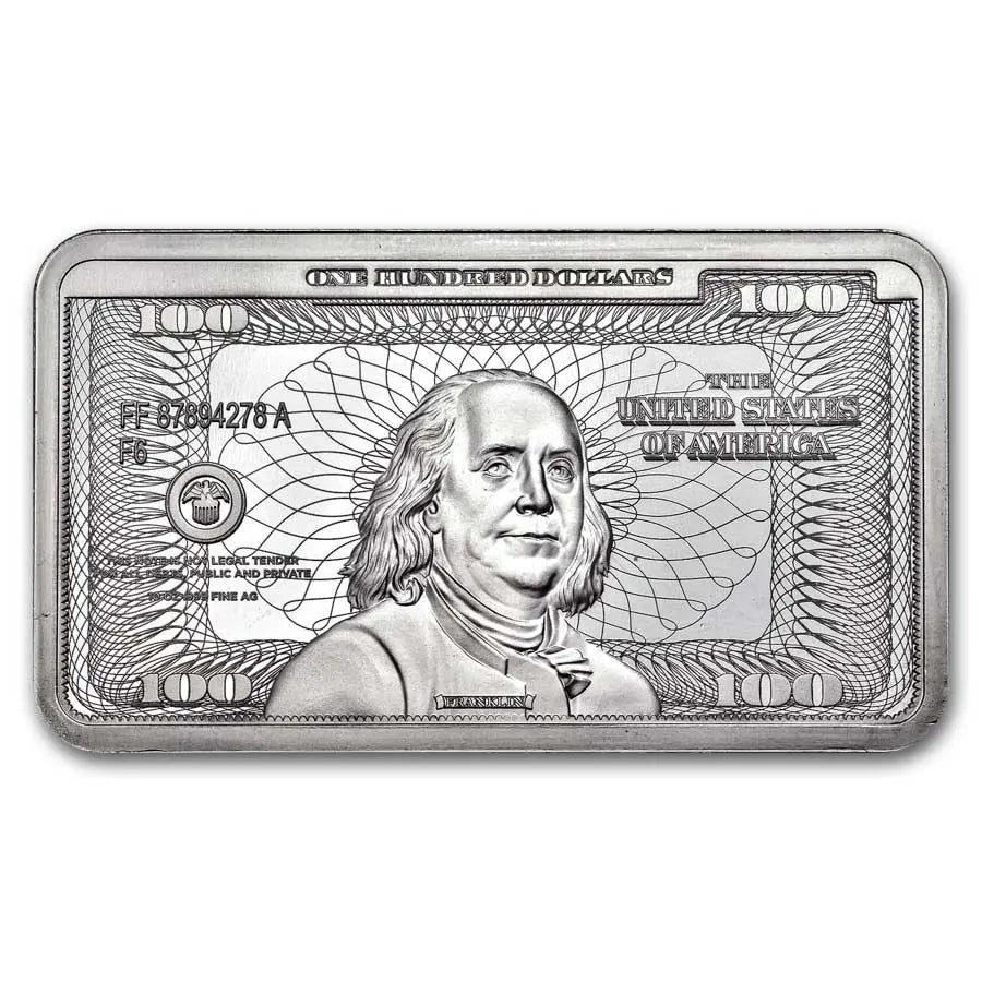 Benjamin Franklin $100 Replica Silver 10 oz (ounce) Bar ABConcept Gold Store AE