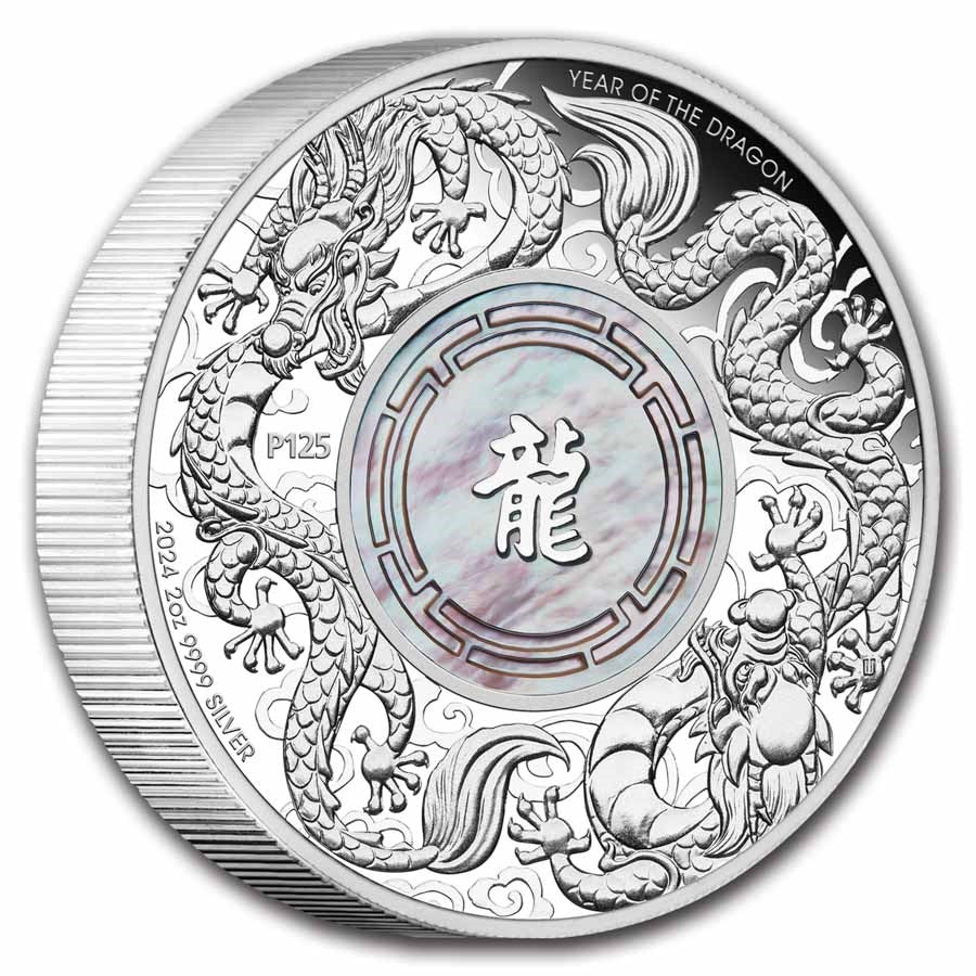 Australia Double Dragon with Mother of Pearl Silver 2 oz (ounce) coin