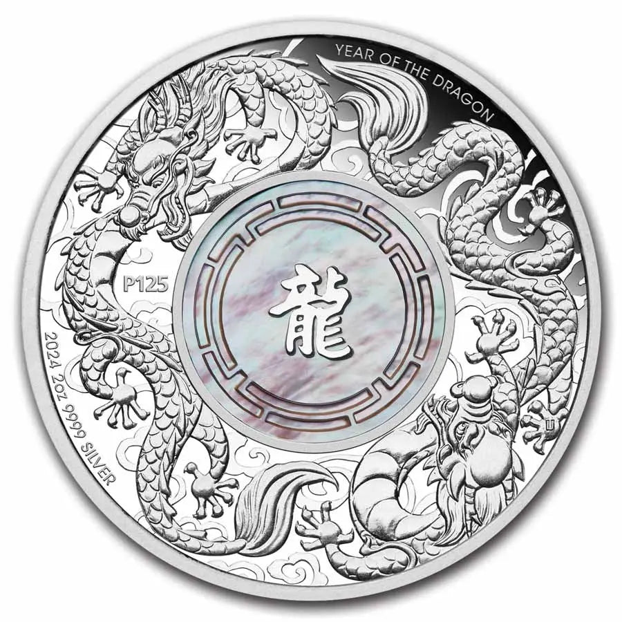 Australia Double Dragon with Mother of Pearl Silver 2 oz (ounce) coin The Perth Mint