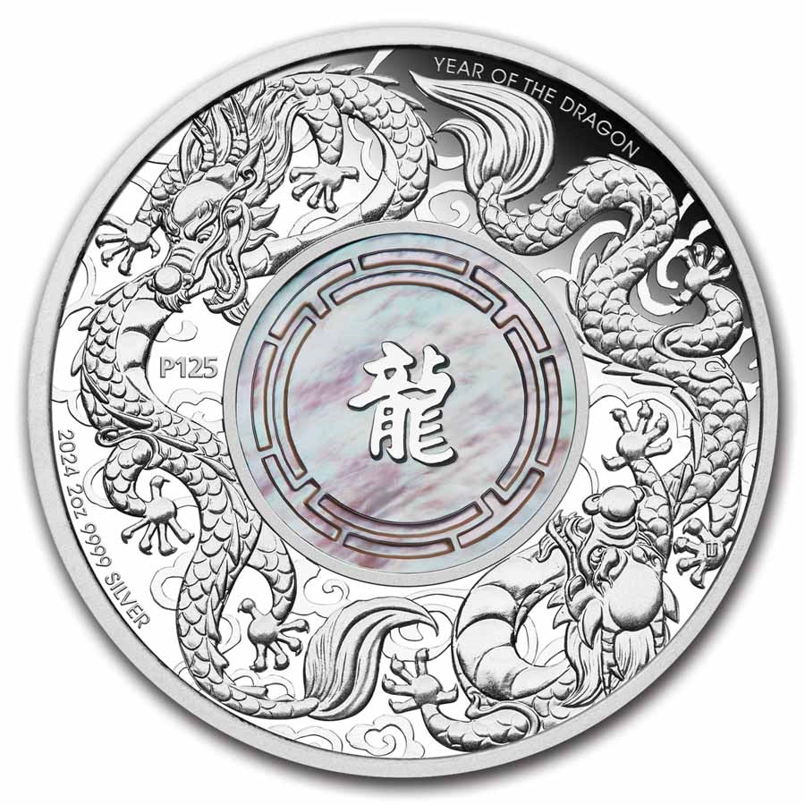 Australia Double Dragon with Mother of Pearl Silver 2 oz (ounce) coin