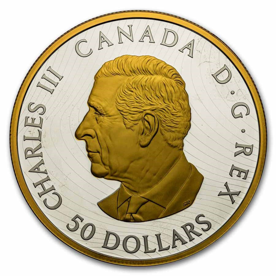 Canada Maple Tree of Life Yellow Gold Plated Silver 5 oz (ounce) coin