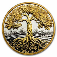 Canada Maple Tree of Life Yellow Gold Plated Silver 5 oz (ounce) coin