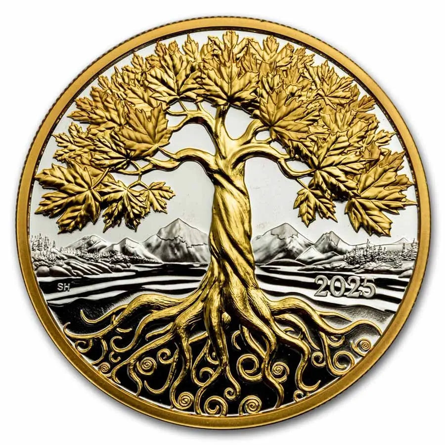 Canada Maple Tree of Life Yellow Gold Plated Silver 5 oz (ounce) coin The Royal Canadian Mint