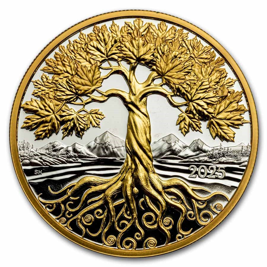 Canada Maple Tree of Life Yellow Gold Plated Silver 5 oz (ounce) coin