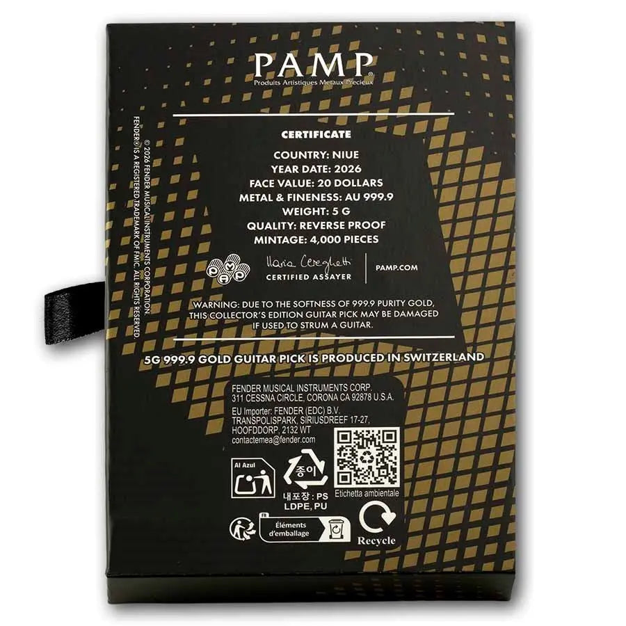 PAMP Suisse Fender Guitar Pick Telecaster 75th Anniversary Gold 5 gram Bar PAMP Suisse