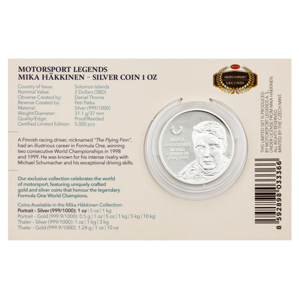 Motorsport Legends Mika Hakkinen Proof Silver 1 oz (ounce) coin